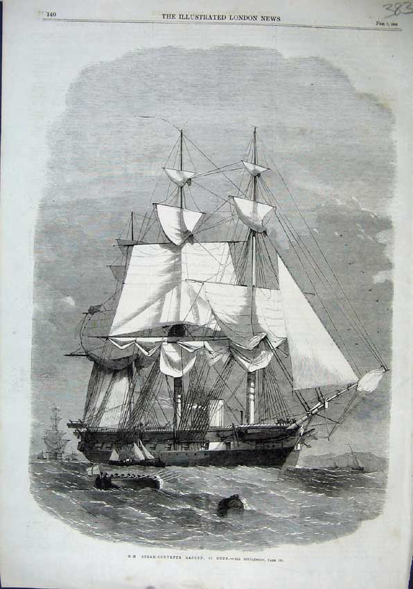 Old Antique Print 1863 H. M. Steam-Corvette Racoon Guns Sailing Ship Boat 19th