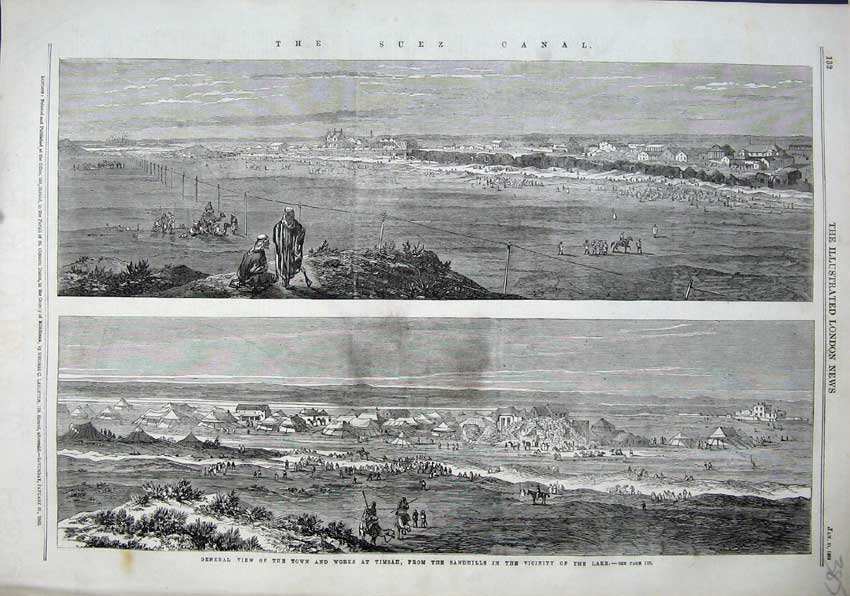 Old Antique Print 1863 Suez Canal Town Works Timsah Sandhills Lake Camp 19th