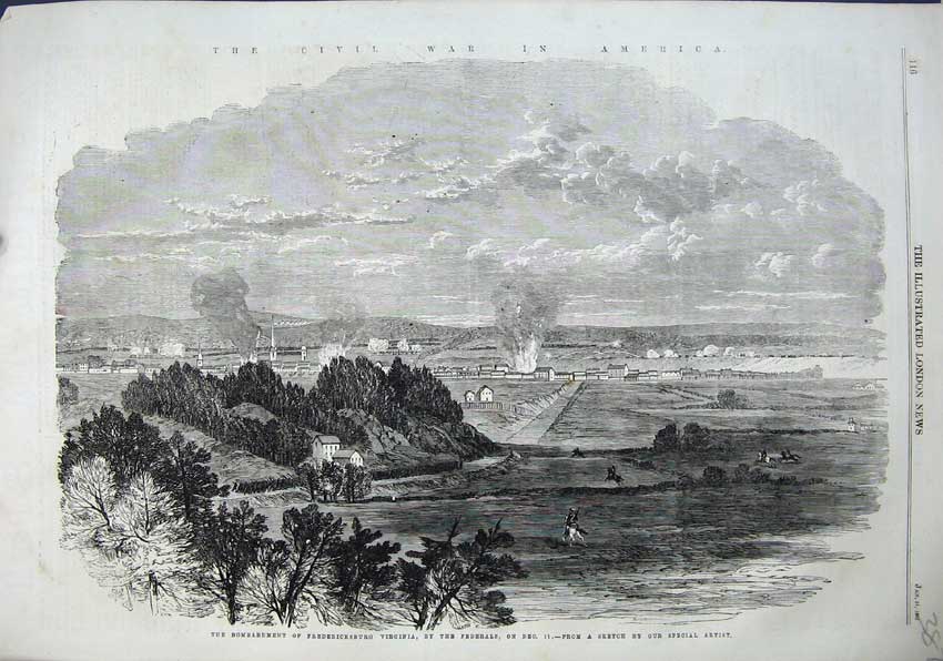 Old Antique Print 1863 Bombardment Fredericksburg Virginia Federals War 19th