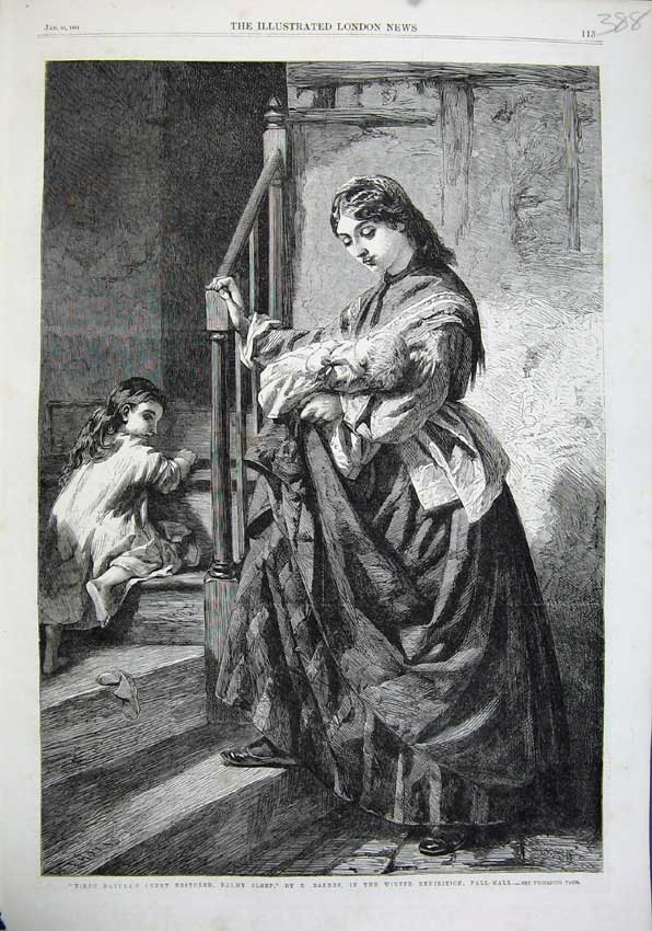 Old Antique Print 1863 Stairs Woman Child Baby Bedtime Barnes Pall Mall 19th