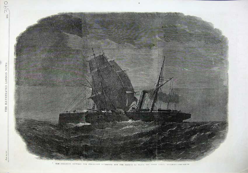 Old Antique Print 1863Collision Between Steam-Ship Liverpool Barque Plata 19th