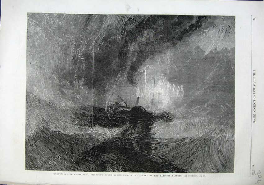 Original Old Antique Print 1863 Snowstorm Steam-Boat Signals Stormy Sea Turner