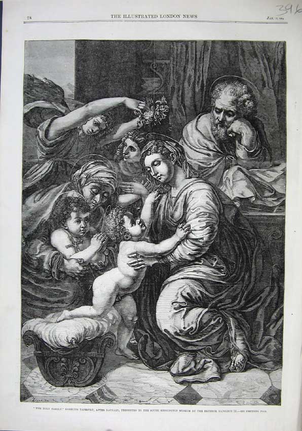 Original Old Antique Print 1863 Holy Family Gobelins Tapestry Raphael Napoleon