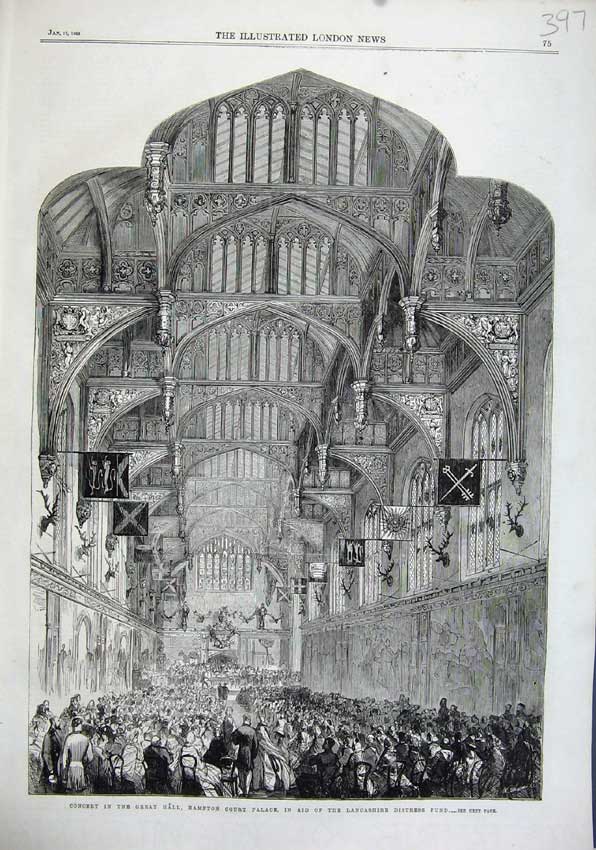 Old Antique Print 1863 Concert Great Hall Hampton Court Palace Distress 19th
