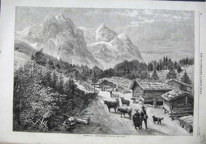 Original Old Antique Print 1863 View Rosenlaui Switzerland Trees Mountains Cows