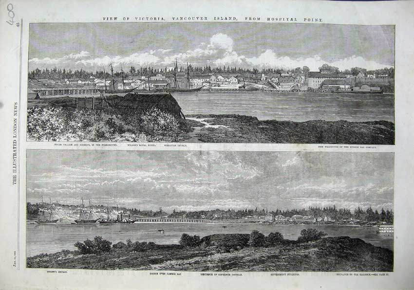 Old Antique Print 1863 Victoria Vancouver Church Hotel Bridge Hudson Bay 19th