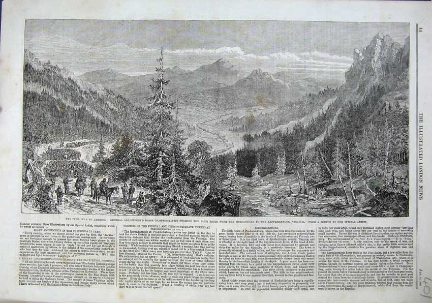 Old Antique Print 1863 Civil War America Blude Ridge Longstreet Virginia 19th