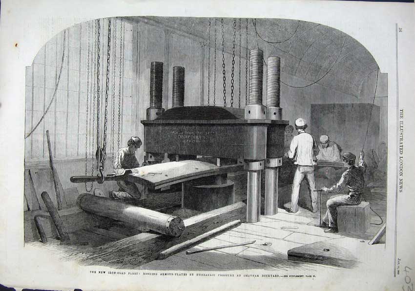 Original Old Antique Print 1863 Iron-Clad Fleet Armour Plates Hydraulic Chatham
