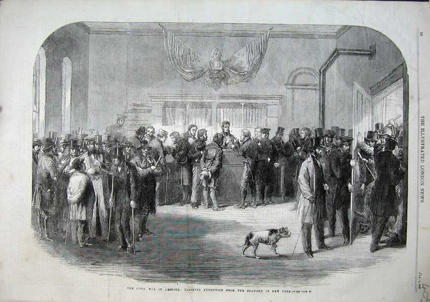 Old Antique Print 1863 Civil War America Claiming Exemption Draught York 19th