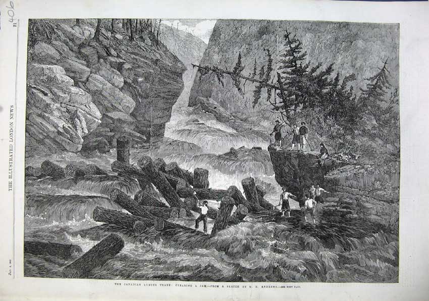 Old Antique Print 1863 Canadian Lumber Trade Clearing Jam River Waterfall 19th
