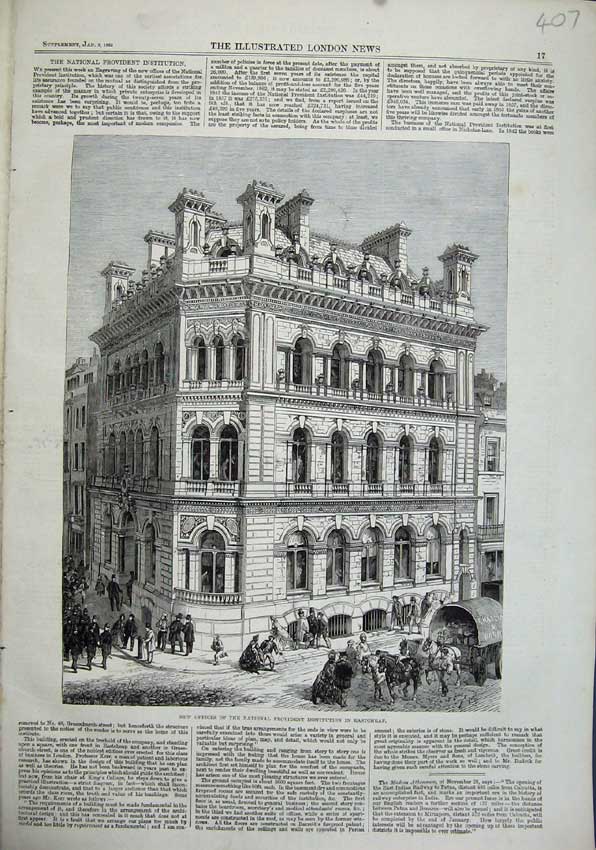 Old Antique Print 1863 Offices National Provident Institution Eastcheap 19th