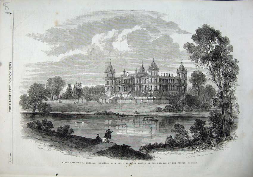 Old Antique Print 1863 Baron Rothschild'S Chateau Ferrieres Paris River 19th
