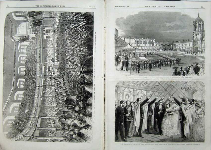 Original Old Antique Print 1863 Oxford Commemoration Theatre University Prince