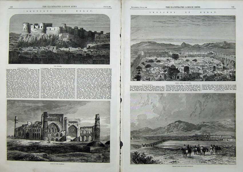 Old Antique Print Heart 1863 Bridge River Herirood Citadel Ruins Masella 19th
