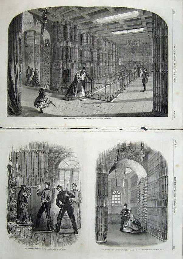 Old Antique Print 1863 Armoury Tower London Council Chamber Rifles Racks 19th