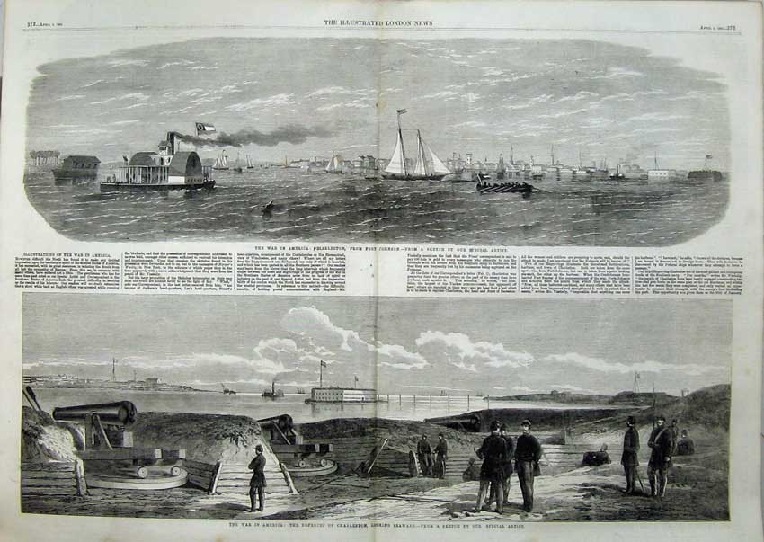Old Antique Print War America 1863 Fort Johnson Ships Charleston Canon 19th