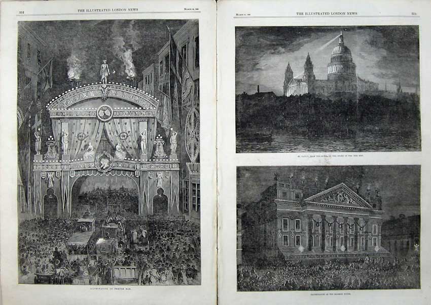 Old Antique Print 1863 Illumination Temple Bar Mansion House Cathedral 19th
