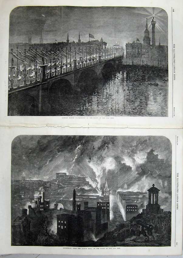 Old Antique Print 1863 London Bridge Illuminations Edinburgh Calton Hill 19th