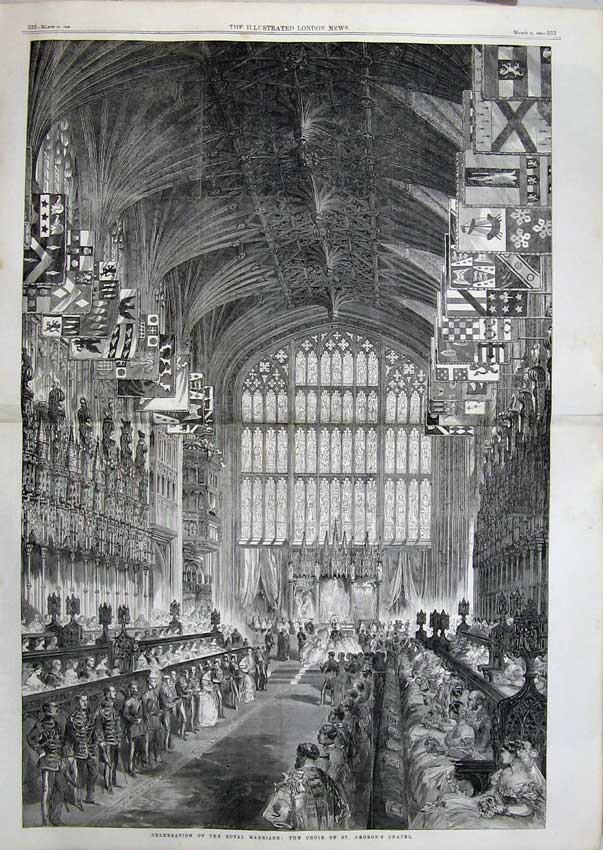 Original Old Antique Print 1863 Royal Wedding Choir St George'S Chapel Church