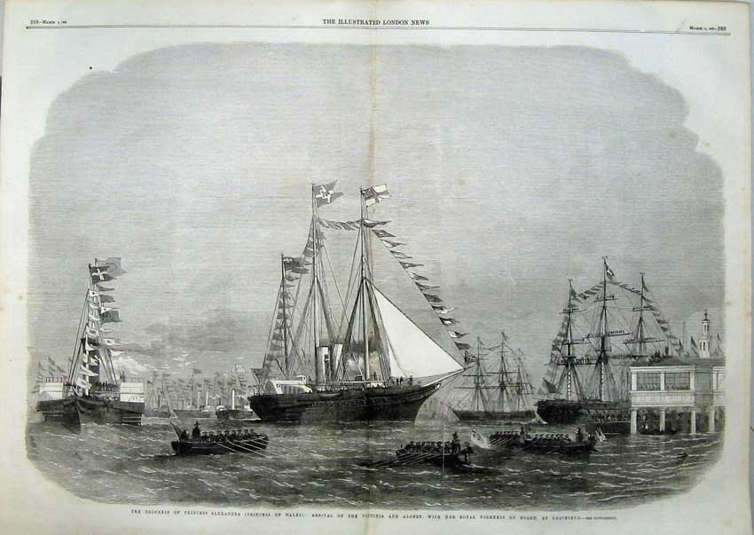 Antique Old Print 1863 Victoria Albert Ships Princess Alexandra Gravesend 19th