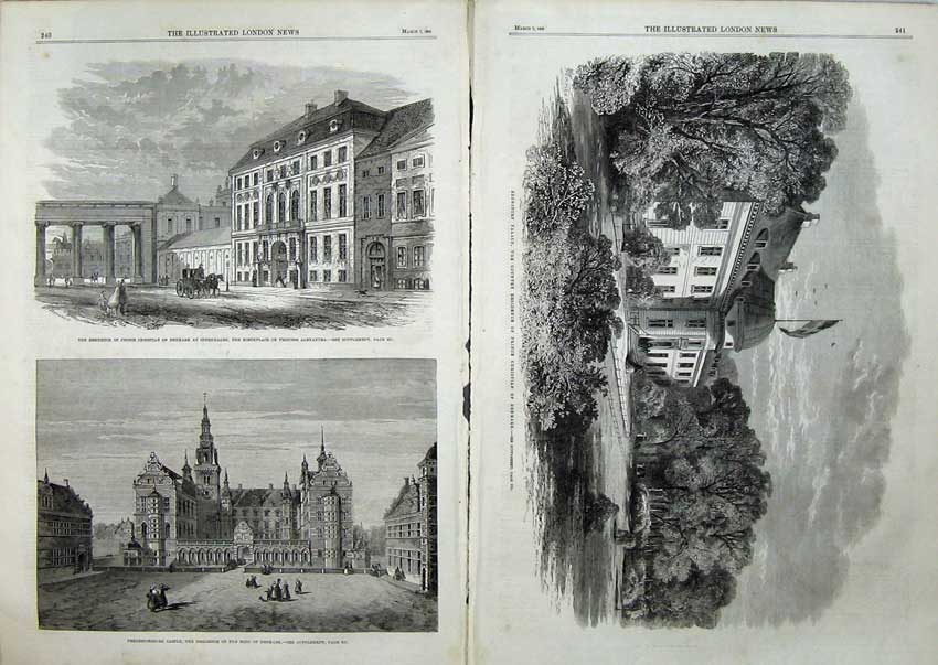 Original Old Antique Print 1863 Bernstorf Palace Fredericksborg Denmark Prince