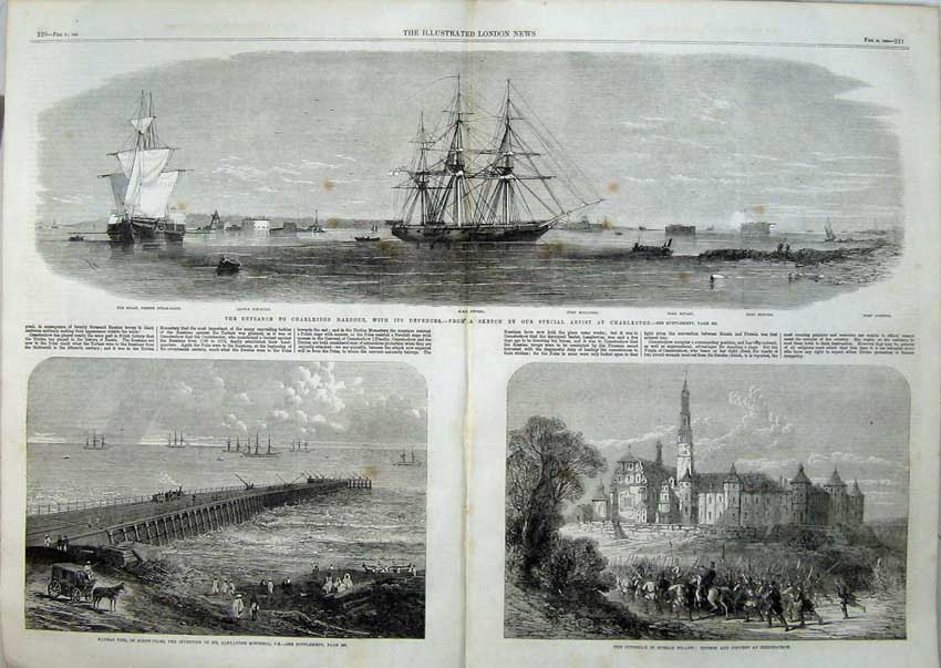 Antique Old Print 1863 Charleston Harbour Ships Madras Pier Poland Church 19th