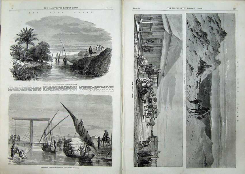 Original Old Antique Print 1863 Suez Canal Drawbridge Timsah Rue Chalet Camels