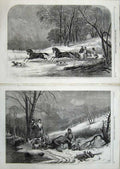 Old Antique Print 1836 Caribou Hunting Brunswick Sport Horse Sleigh Snow 19th