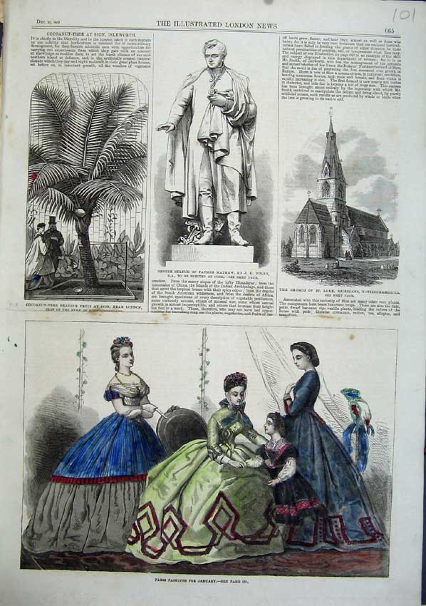 Old Antique Print Paris Fashion 1863 Statue Mathew Church Shireoaks Tree 19th