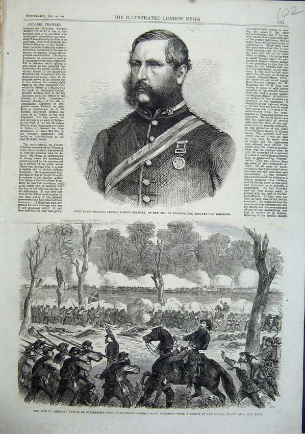 Original Old Antique Print 1863 War America General Hood Thomas Crawley Dragoon