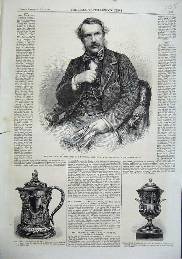 Old Antique Print 1863 Portrait John Lawrence Bart Testimonial Rifle War 19th