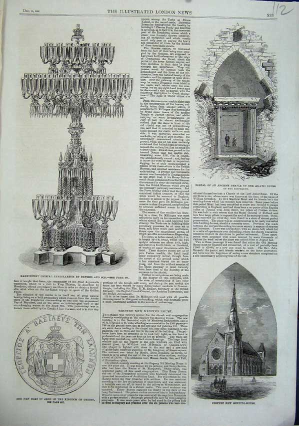 Original Old Antique Print 1863 Ancient Temple Crystal Candelabrum Arms Greece