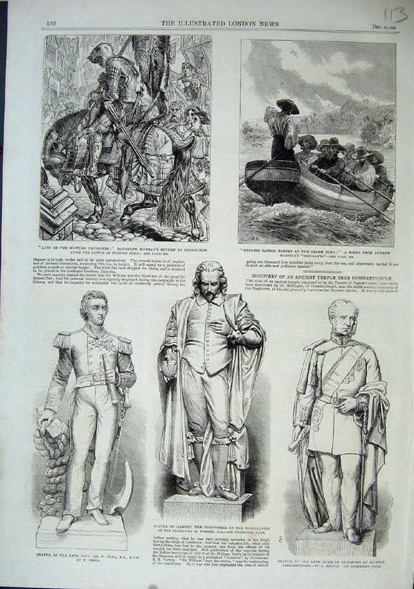 Original Old Antique Print 1863 Statue Peel Harvey Duke Richmond Cavaliers Boat