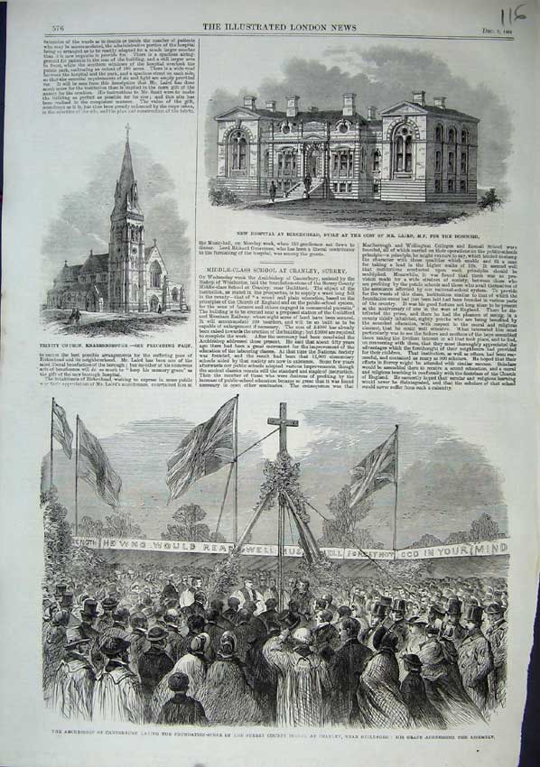 Old Antique Print Archbishop Canterbury 1863 Hospital Birkenhead Church 19th