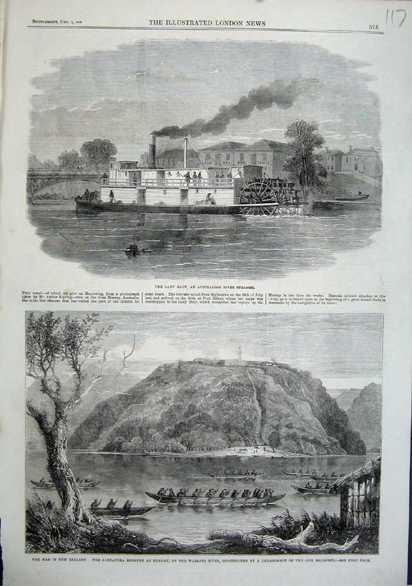 Old Antique Print 1863 Lady Daly Australian Ship War Zealand Redoubt Boat 19th