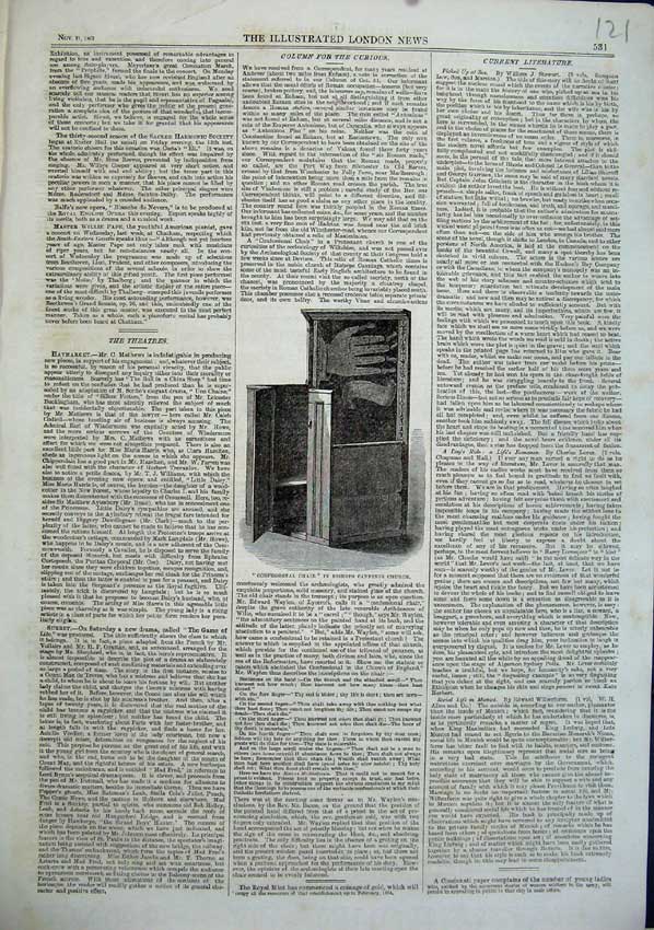 Original Old Antique Print 1863 View Confessional Chair Bishops Cannings Church