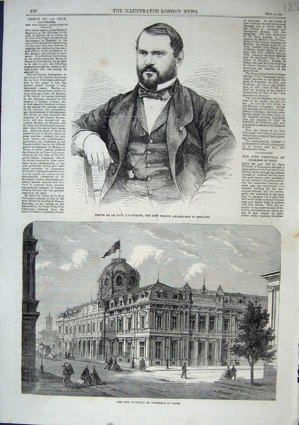 Old Antique Print 1863 Prince D'Auvergne French Ambassador Commerce Paris 19th