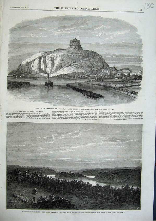 Old Antique Print 1863 Hall Liberation Bavaria River Waikato Zealand Art 19th
