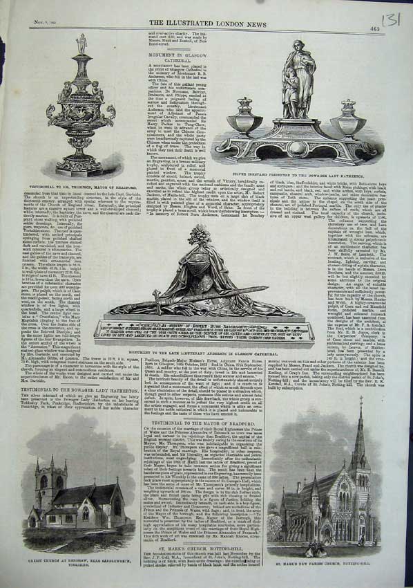 Old Antique Print Church Monument Anderson Glasgow 1863 Inkstand Silver 19th