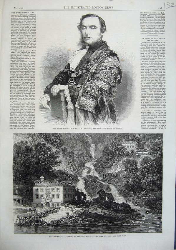Old Antique Print 1863 William Lawrence Mayor Flood Village Lake Como Art 19th