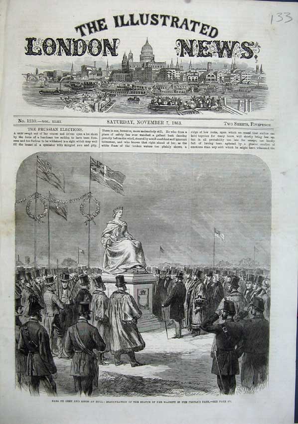 Old Antique Print 1863 Earl Grey Ripon Hull Statue Queen People Park Art 19th