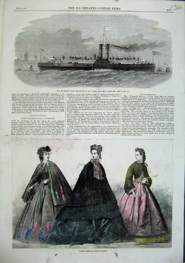 Original Old Antique Print Paris Fashion 1863 Liverpool Ferry Steamer Cheshire