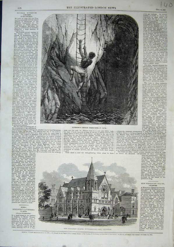 Old Antique Print 1863 Wesleyan Chapel Leicester Gathering Birdsnest Java 19th