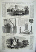 Old Antique Print 1863 Fountains Abbey Porch Norman Church Castle Crosses 19th