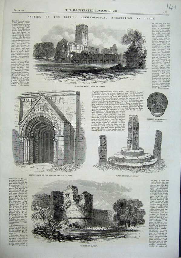 Old Antique Print 1863 Fountains Abbey Porch Norman Church Castle Crosses 19th