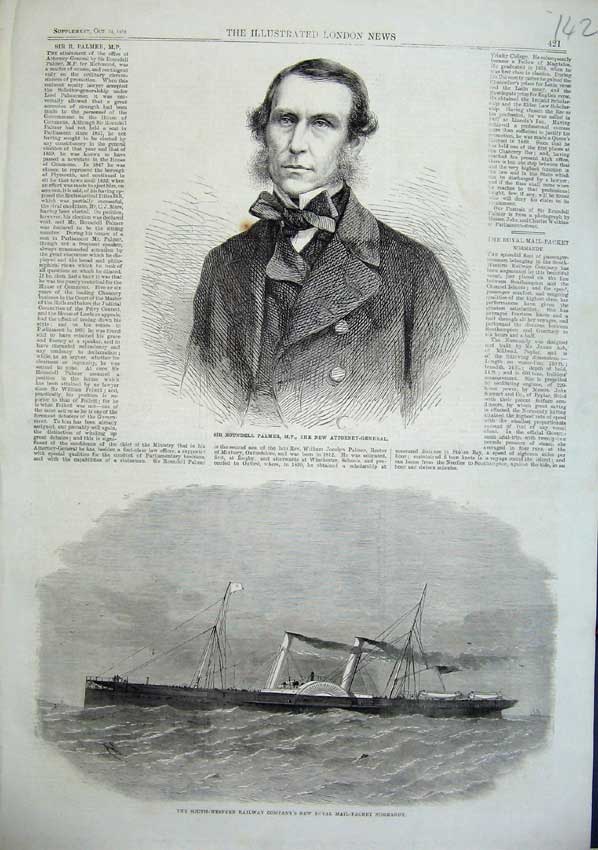 Original Old Antique Print 1863 Roundell Palmer Royal Mail Packet Ship Normandy
