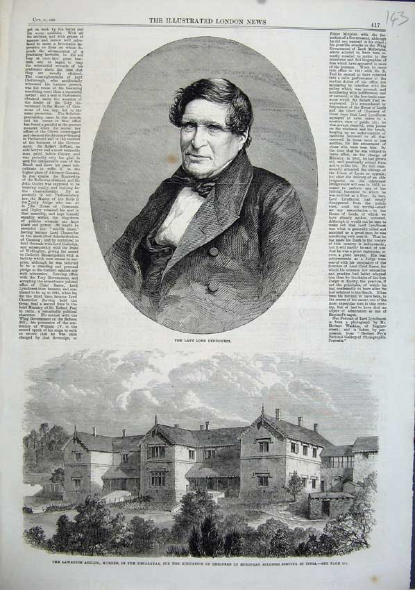 Original Old Antique Print 1863 Lord Lyndhurst Lawrence Asylum Murree Himalayas