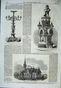 Old Antique Print 1863 Church Hanworth Fountain Durham Teatimonial Dobson 19th