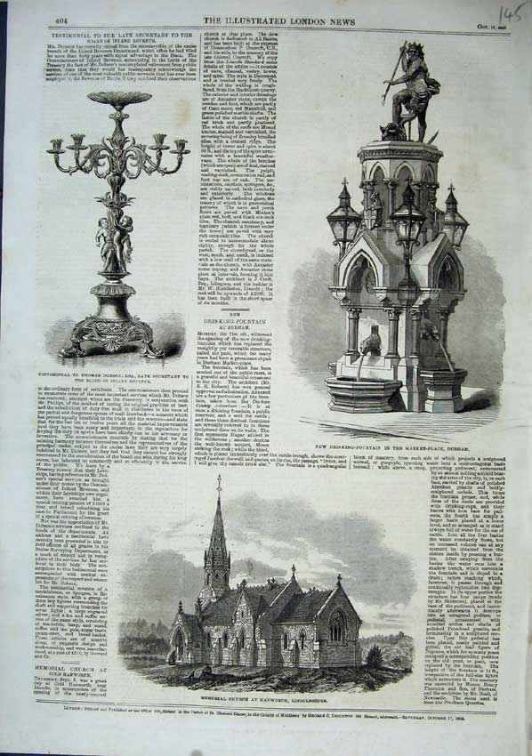Old Antique Print 1863 Church Hanworth Fountain Durham Teatimonial Dobson 19th