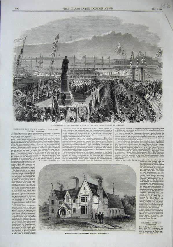 Original Old Antique Print 1863 Statue Prince Consort Guernsey Siers Aldershot